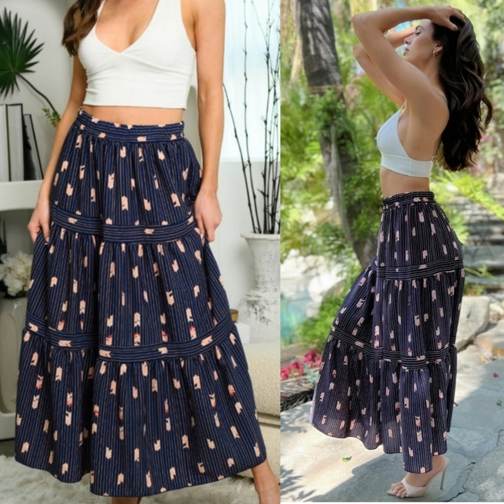5 ⭐boho navy multi print tiered ruffle lightweight high waist maxi skirt